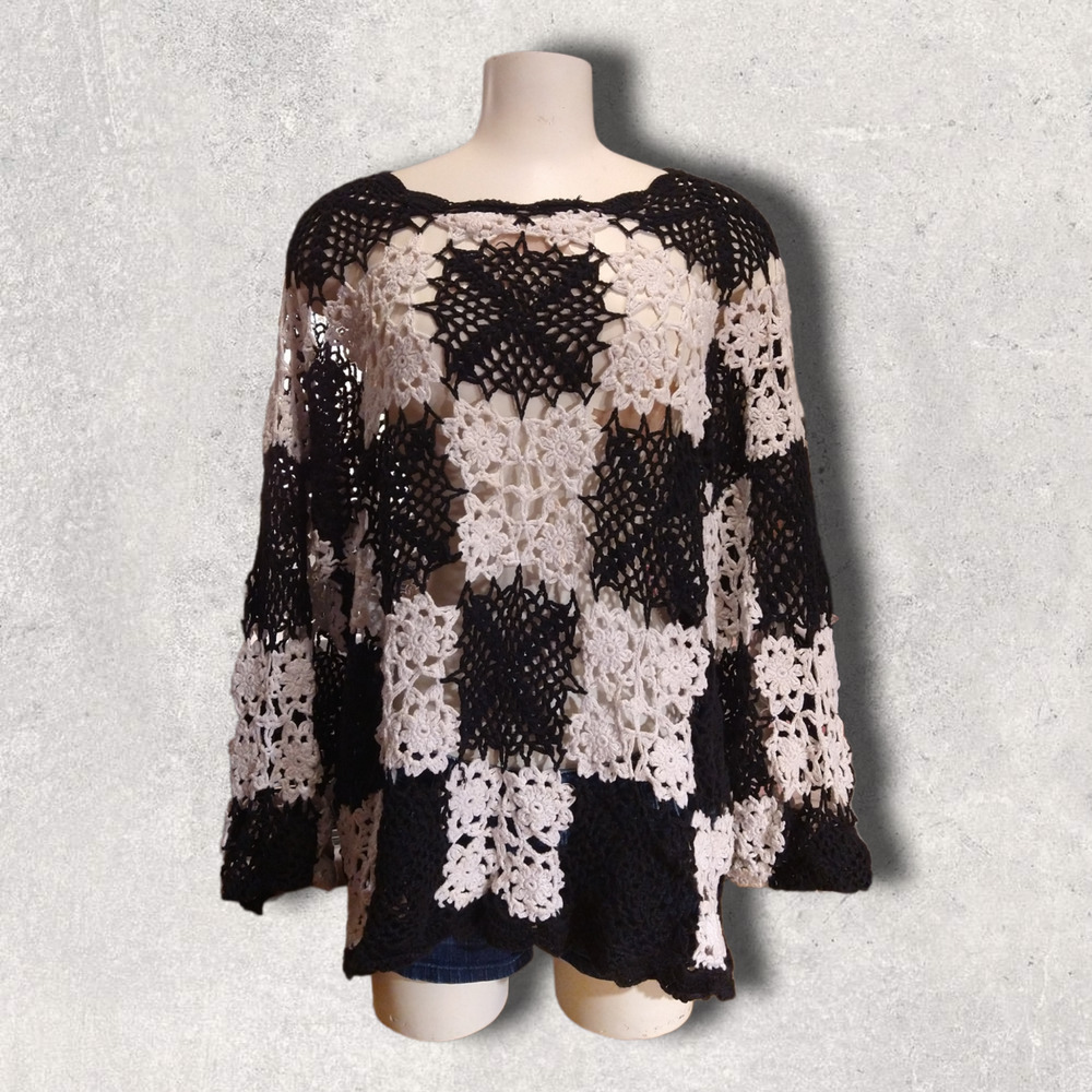 vintage black white crochet long sleeve cover up see through shirt granny